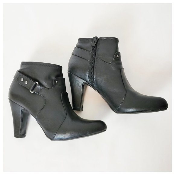 Nickels Ankle Booties Black Vegan Leather High Heel Round Toe Moto Style Boots - Picture 8 of 16